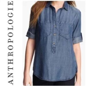 Anthropologie Cloth & Stone Polka Dot Roll Tab Chambray Pullover Tencel xs NWT